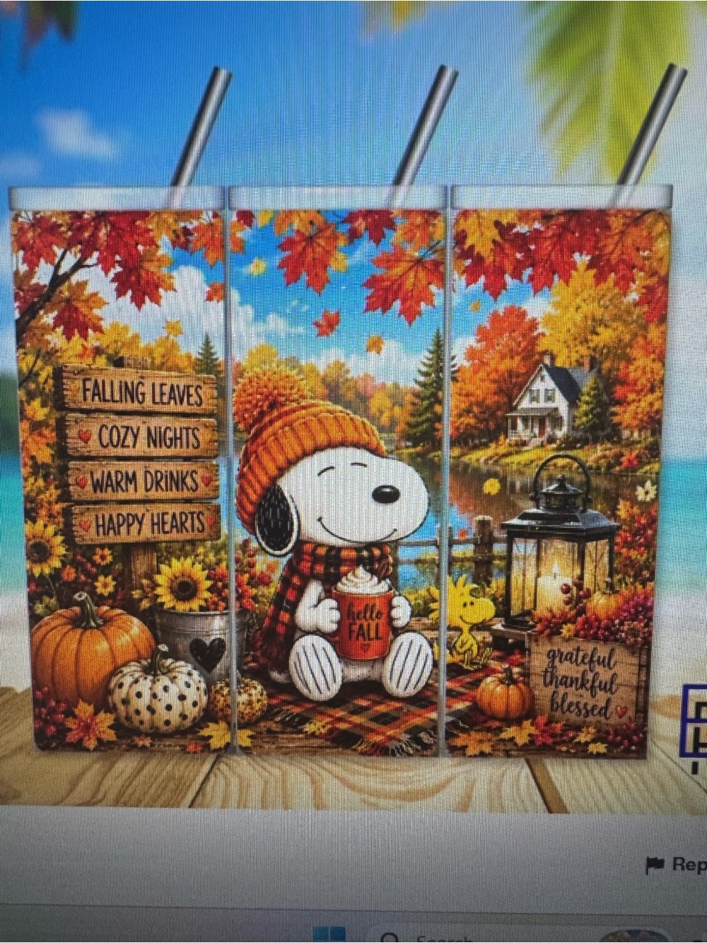 Snoopy Fall Skinny Tumbler - Autumn Leaves Design - Picture 5 of 6